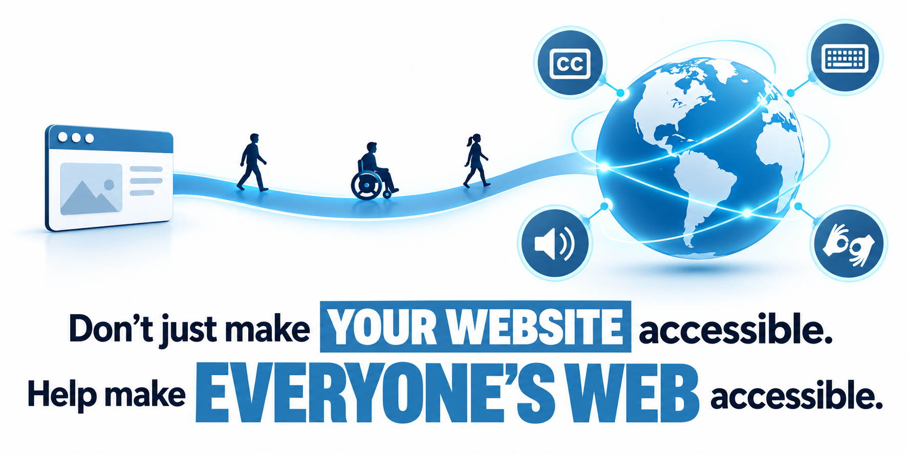 SteelBlue Infographic showing the globe surrounded by icons of various accessibility tools such as keyboard navigation, Sign Language, Closed Captions, Voice &amp; Speech.